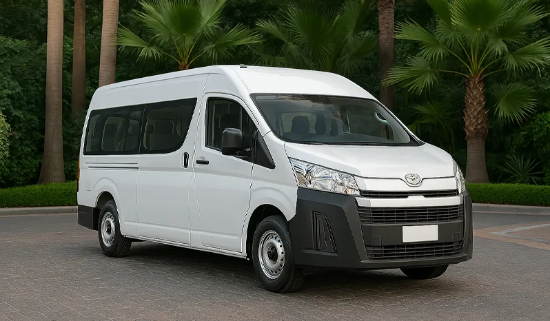 Front view of 2025 Toyota Hiace van with high roof, available for rent in UAE – 15-seater petrol van for group travel